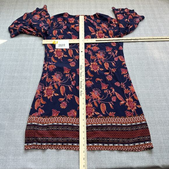 Boho Floral Mini Dress Small Bell Sleeve Blue Festival Whimsy Garden Party - Picture 6 of 10